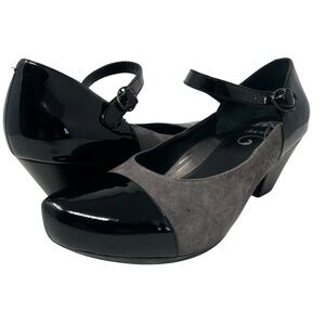 Dansko Black Patent and Gray Suede Mary Jane Wedges